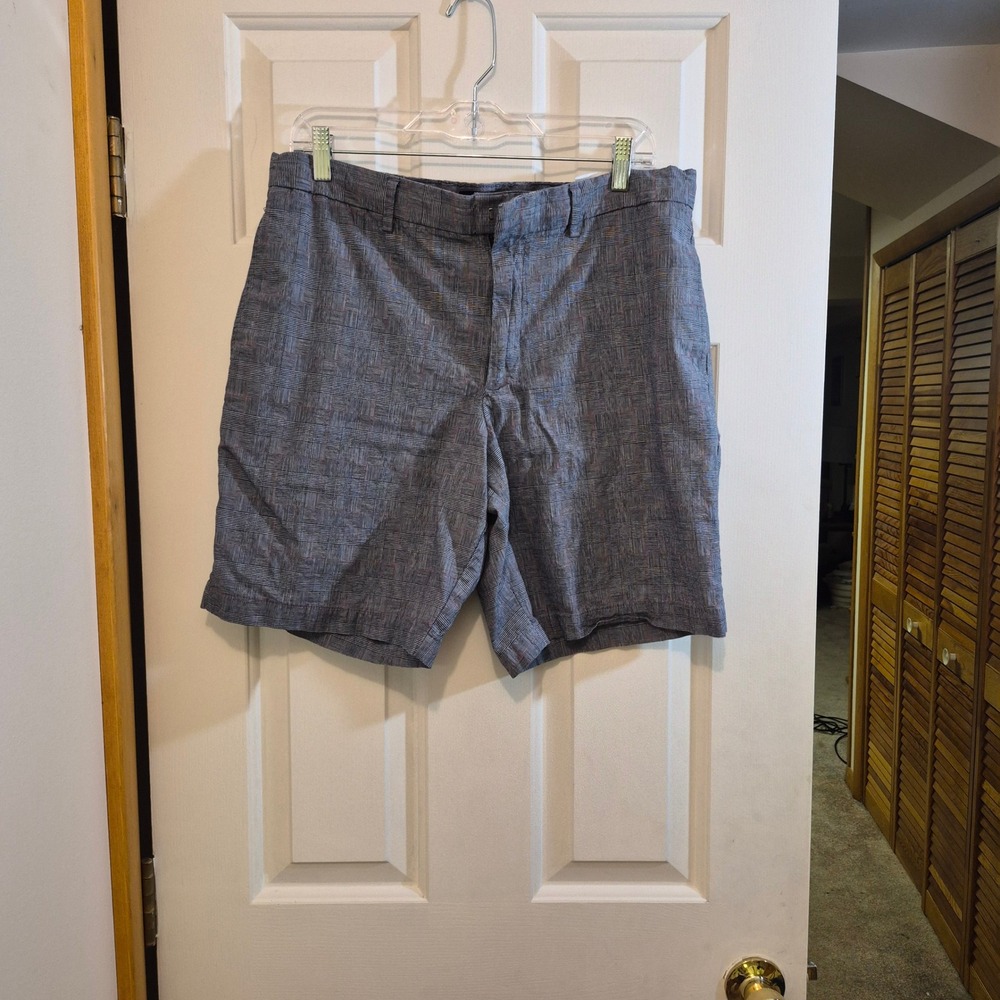 Banana Republic Aiden Club Short Mens 34 Blue Plaid Cotton Spandex Slim Fit
